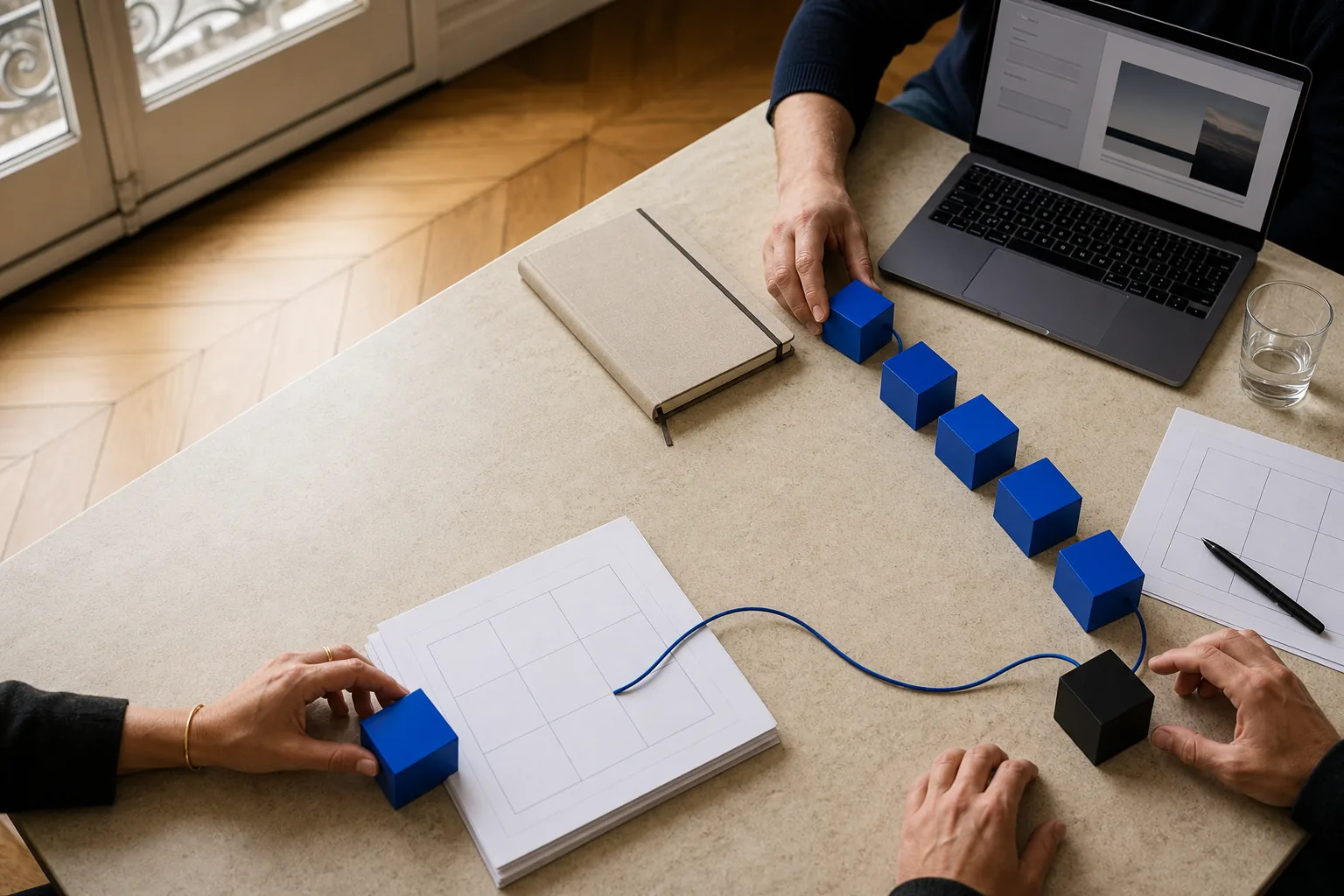 Des blocs bleus relient une tâche, un workflow et un point de contrôle humain sur une table de travail
